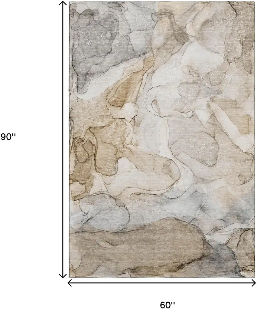 Beige And Ivory Abstract Washable Area Rug With UV Protection Photo 3