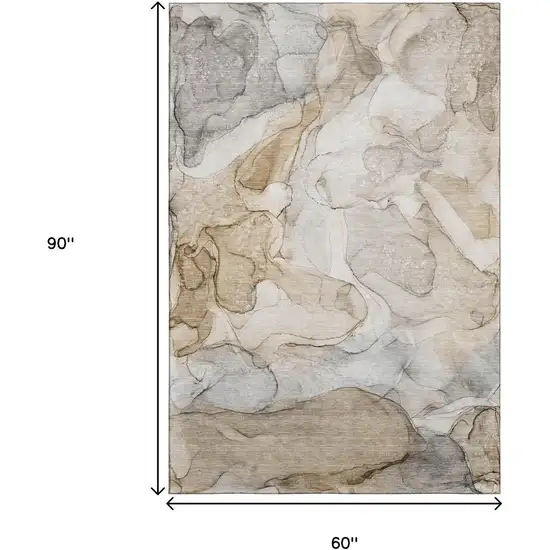 Beige And Ivory Abstract Washable Area Rug With UV Protection Photo 9