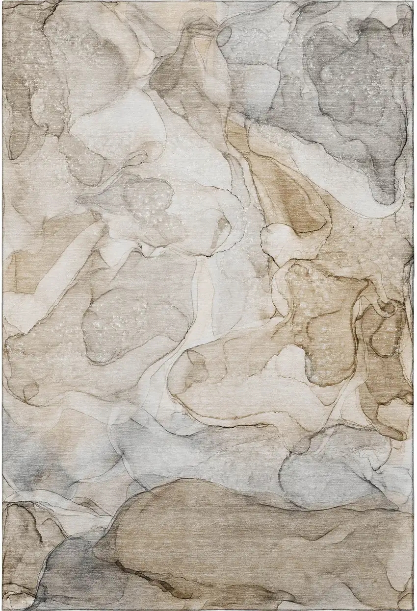 Beige And Ivory Abstract Washable Area Rug With UV Protection Photo 3
