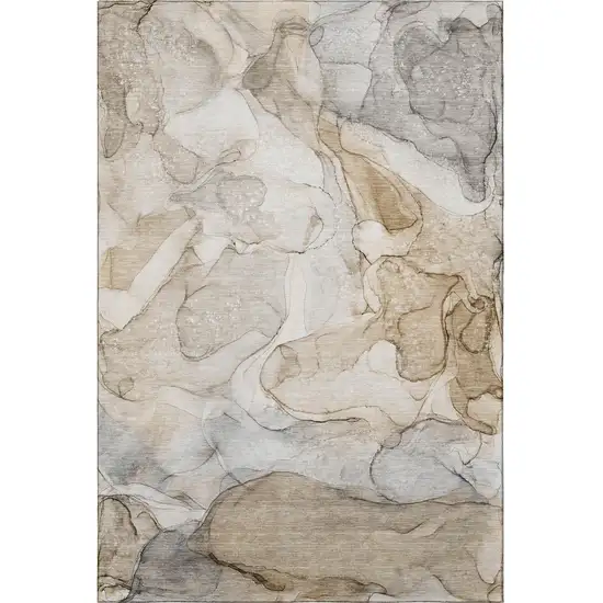 Beige And Ivory Abstract Washable Area Rug With UV Protection Photo 4