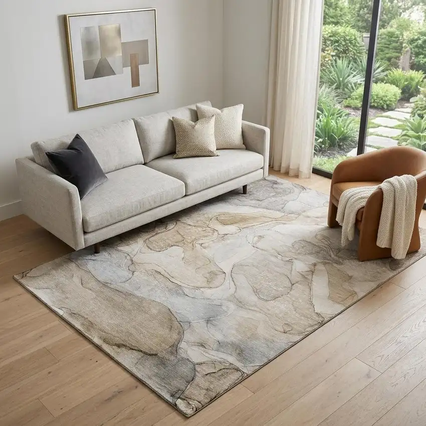 Beige And Ivory Abstract Washable Area Rug With UV Protection Photo 1