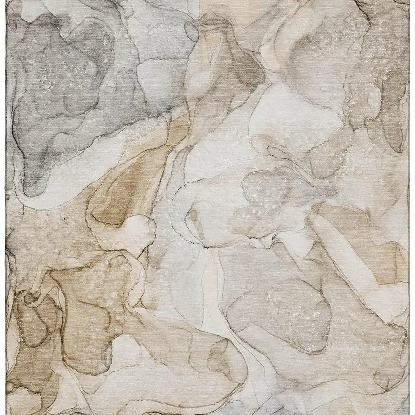 Beige And Ivory Abstract Washable Area Rug With UV Protection Photo 4