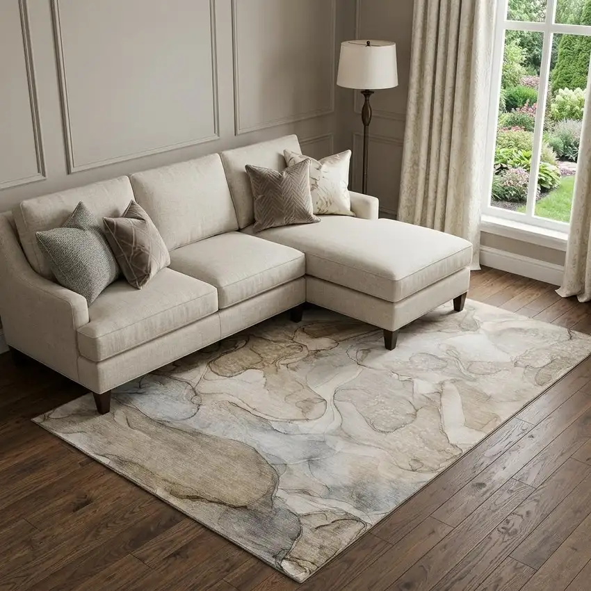 Beige And Ivory Abstract Washable Area Rug With UV Protection Photo 1