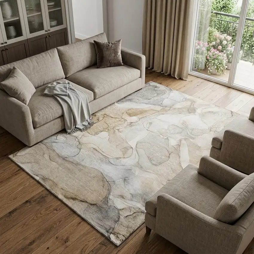 Beige And Ivory Abstract Washable Area Rug With UV Protection Photo 1