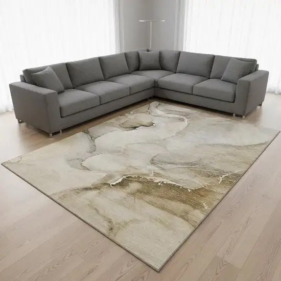 Beige And Ivory Abstract Washable Area Rug With UV Protection Photo 1