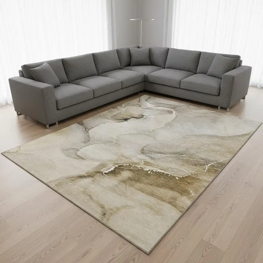 Beige And Ivory Abstract Washable Area Rug With UV Protection Photo 1
