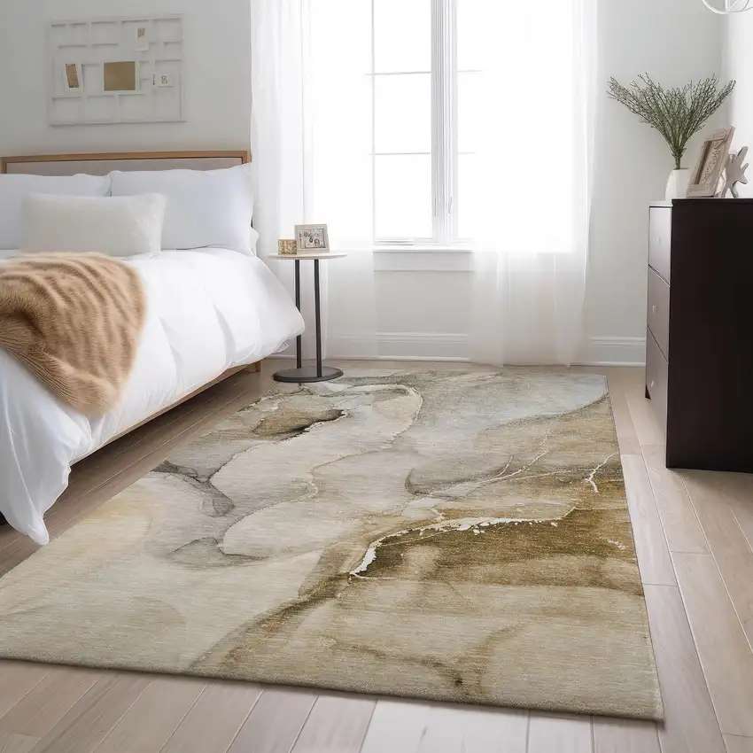 Beige And Ivory Abstract Washable Area Rug With UV Protection Photo 5