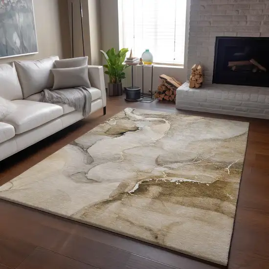 Beige And Ivory Abstract Washable Area Rug With UV Protection Photo 6