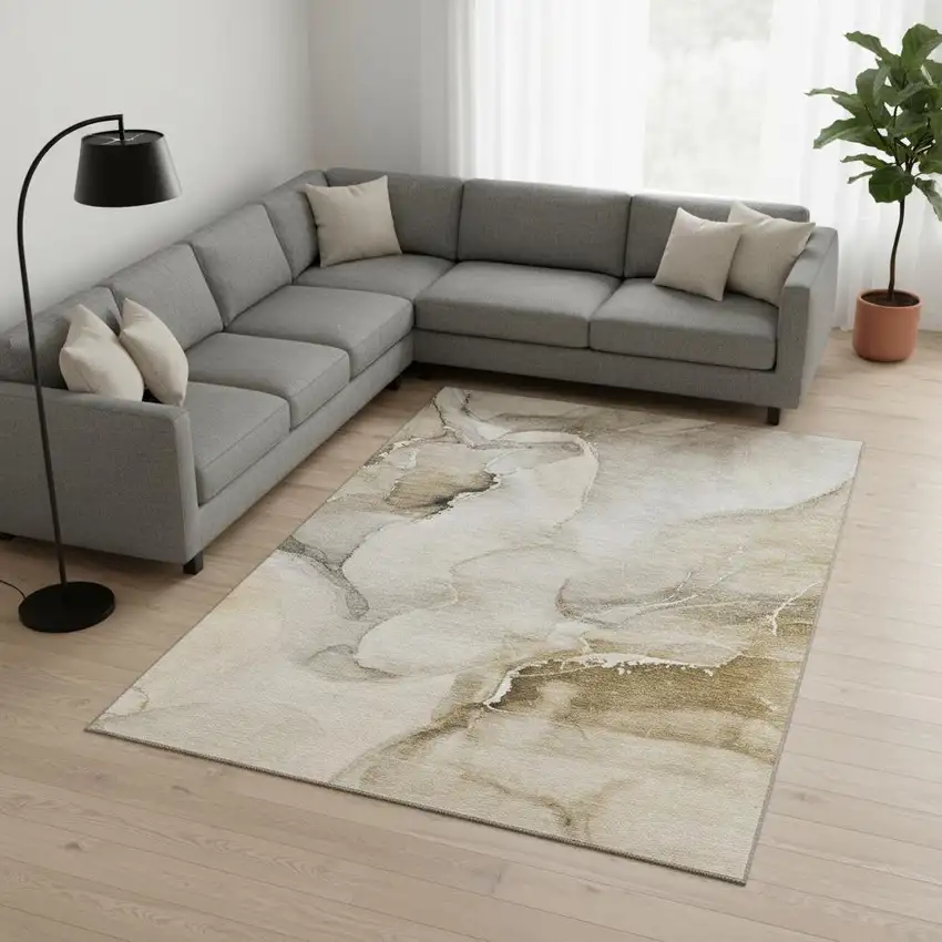 Beige And Ivory Abstract Washable Area Rug With UV Protection Photo 1