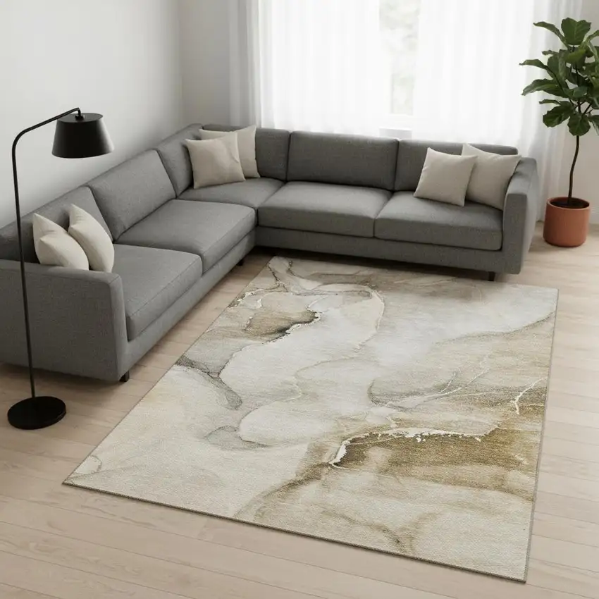 Beige And Ivory Abstract Washable Area Rug With UV Protection Photo 1