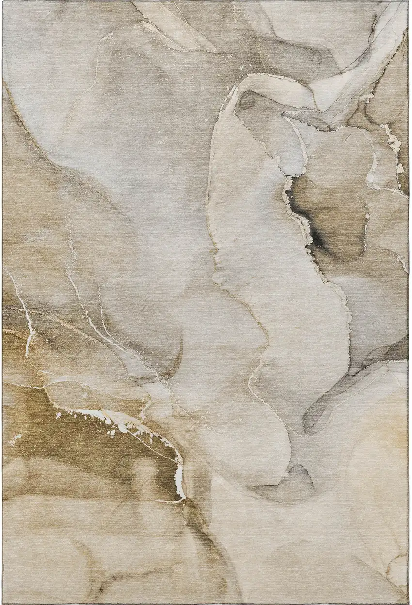 Beige And Ivory Abstract Washable Area Rug With UV Protection Photo 4