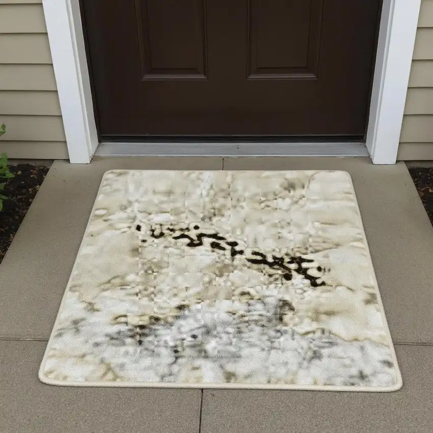 Beige And Ivory Abstract Washable Area Rug With UV Protection Photo 2