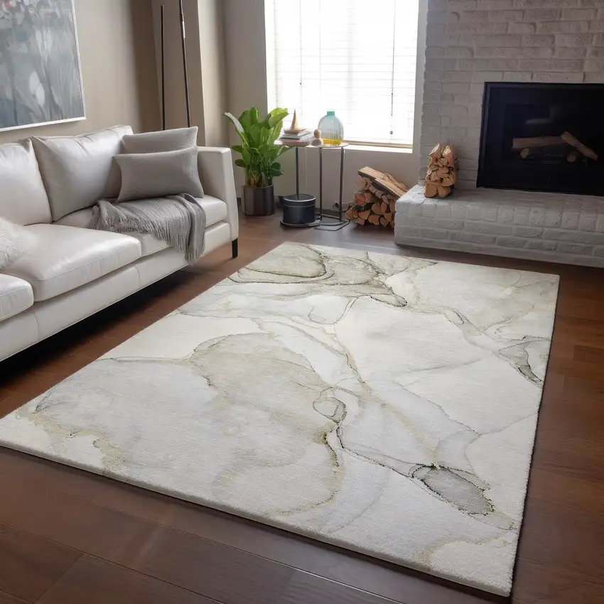 Beige And Ivory Abstract Washable Area Rug With UV Protection Photo 5