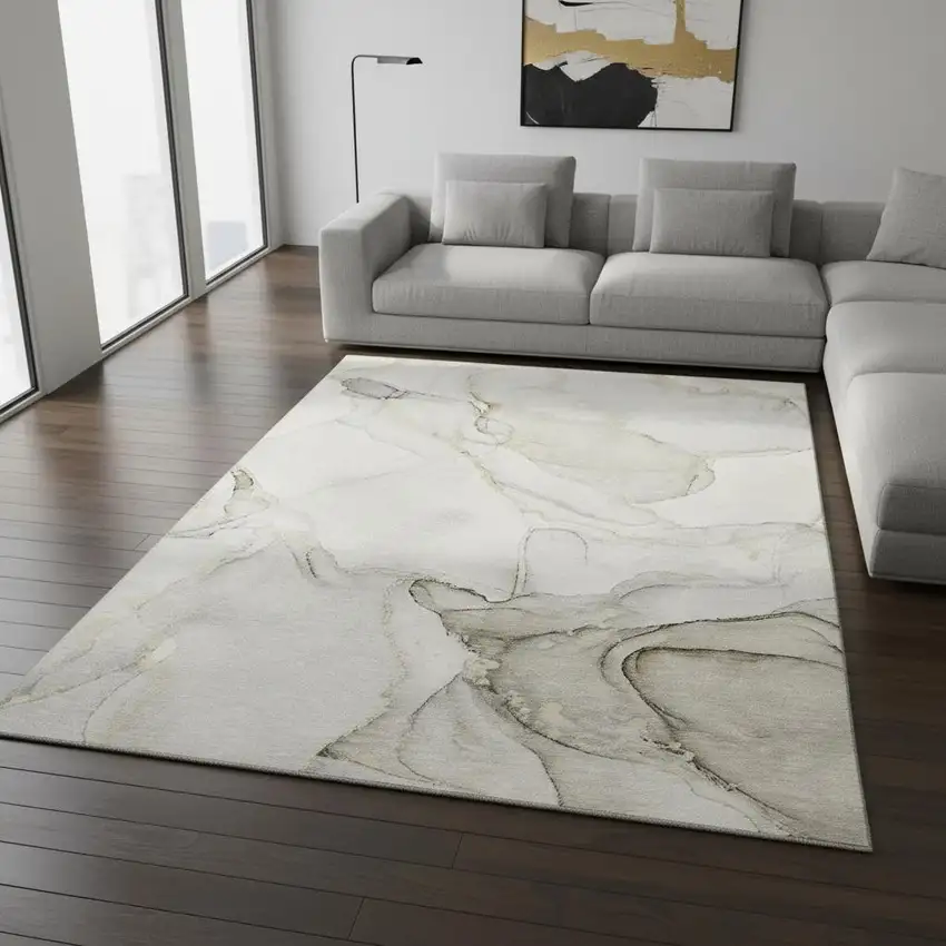 Beige And Ivory Abstract Washable Area Rug With UV Protection Photo 1