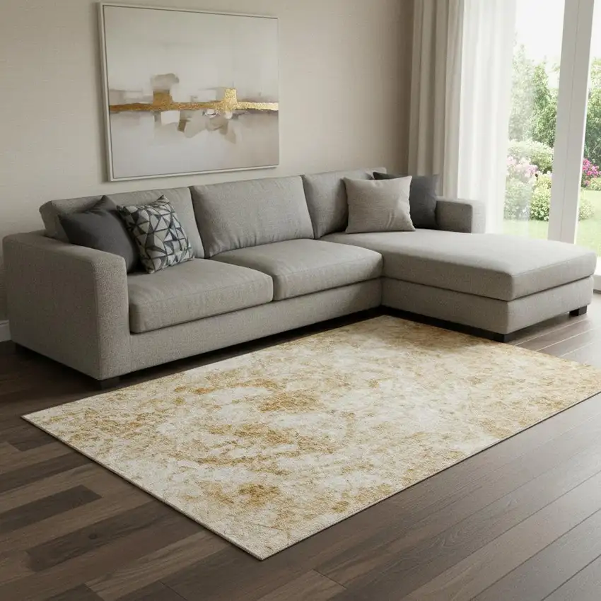 Beige And Ivory Abstract Washable Area Rug With UV Protection Photo 1