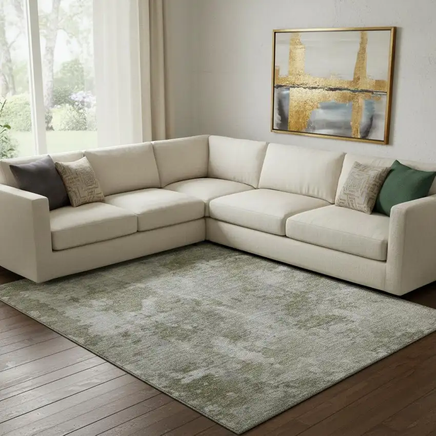 Beige And Ivory Abstract Washable Area Rug With UV Protection Photo 1