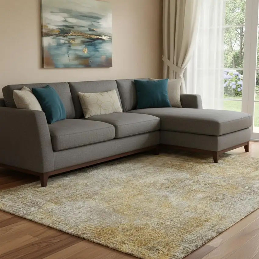 Beige And Ivory Abstract Washable Area Rug With UV Protection Photo 1