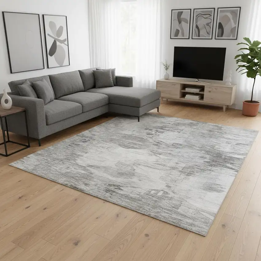 Beige And Ivory Abstract Washable Area Rug With UV Protection Photo 2