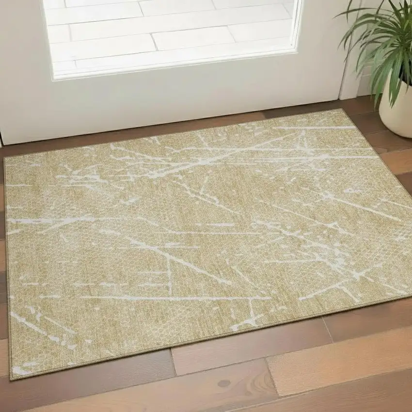 Beige And Ivory Abstract Washable Area Rug With UV Protection Photo 1