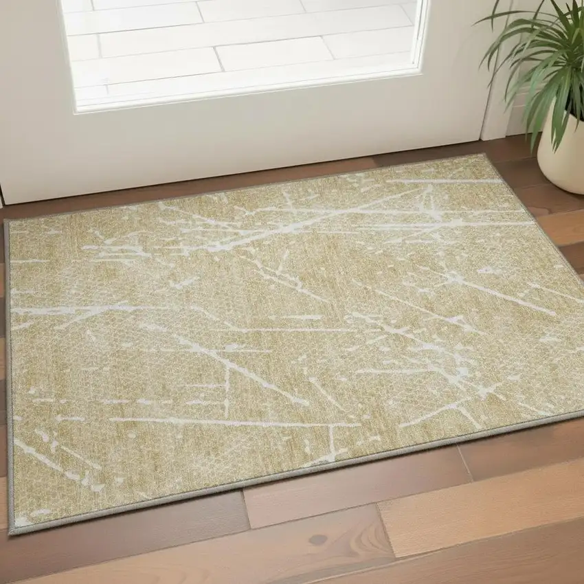 Beige And Ivory Abstract Washable Area Rug With UV Protection Photo 2
