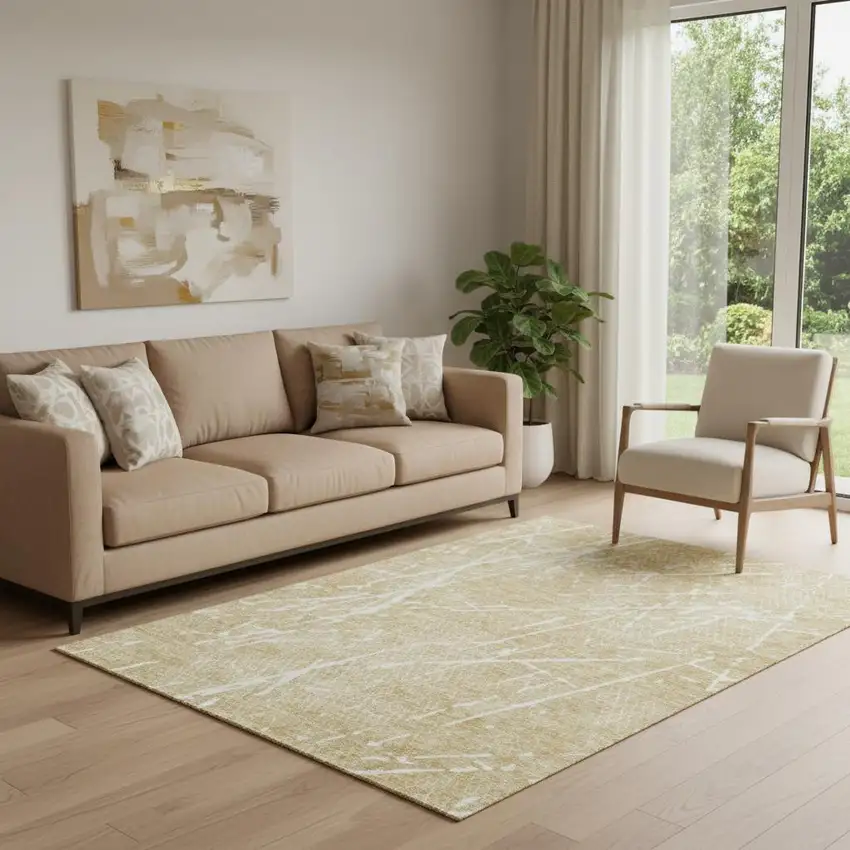 Beige And Ivory Abstract Washable Area Rug With UV Protection Photo 1