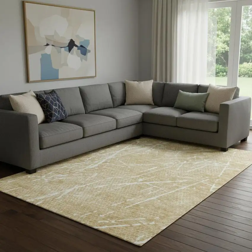 Beige And Ivory Abstract Washable Area Rug With UV Protection Photo 1