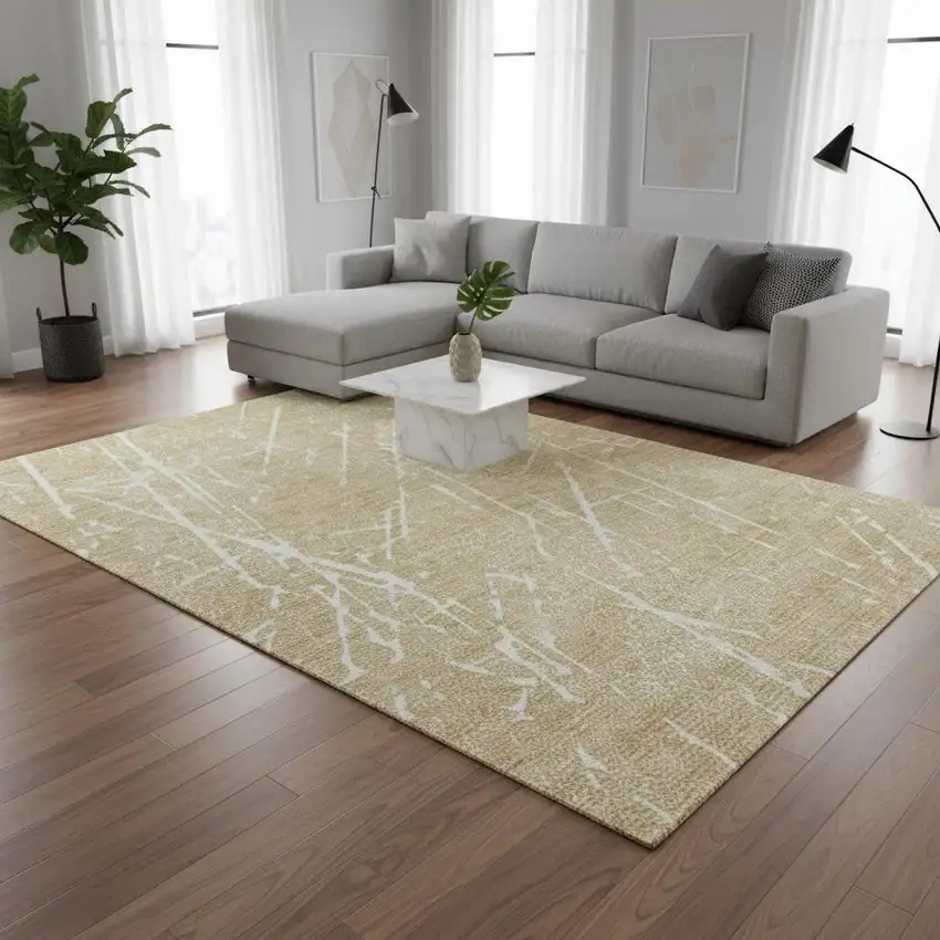 Beige And Ivory Abstract Washable Area Rug With UV Protection Photo 2