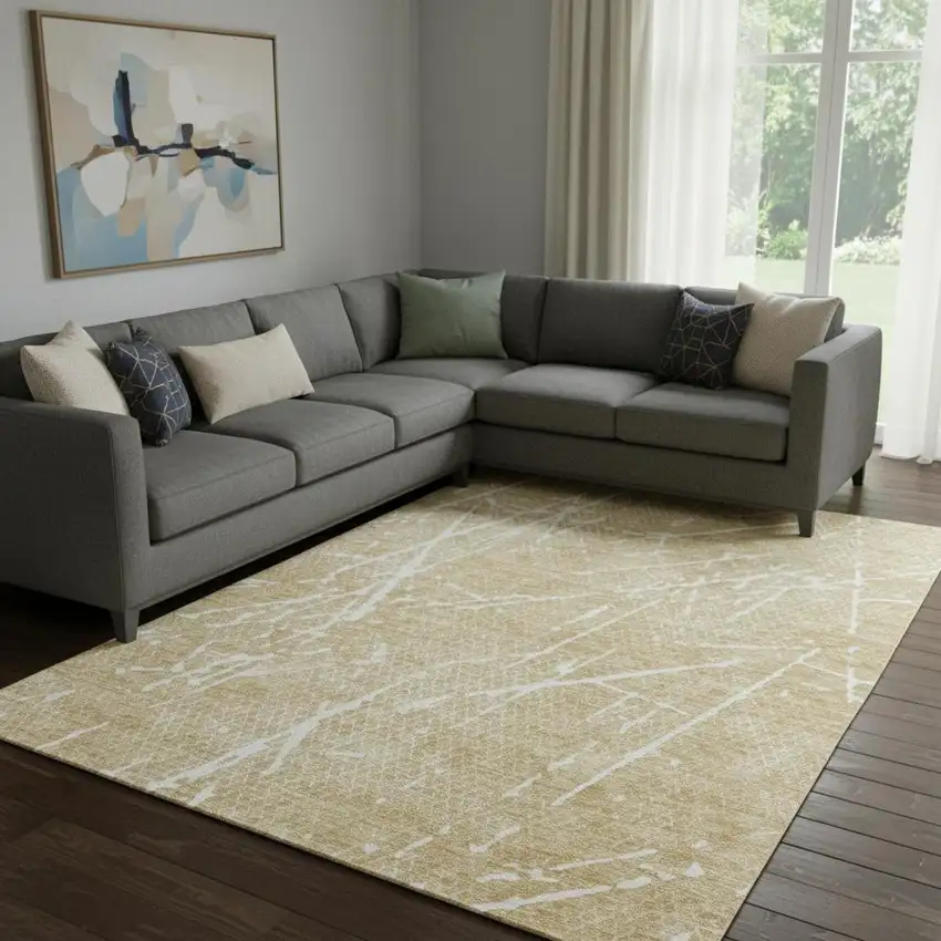 Beige And Ivory Abstract Washable Area Rug With UV Protection Photo 1