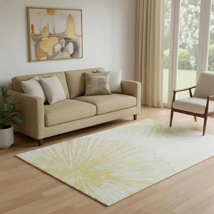 Beige And Ivory Abstract Washable Area Rug With UV Protection Photo 1