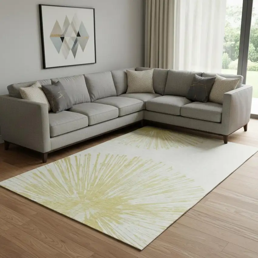 Beige And Ivory Abstract Washable Area Rug With UV Protection Photo 2