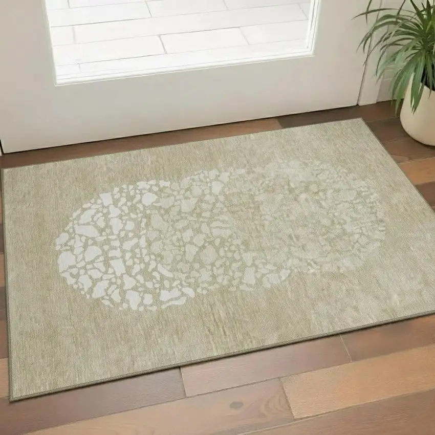Beige And Ivory Abstract Washable Area Rug With UV Protection Photo 1