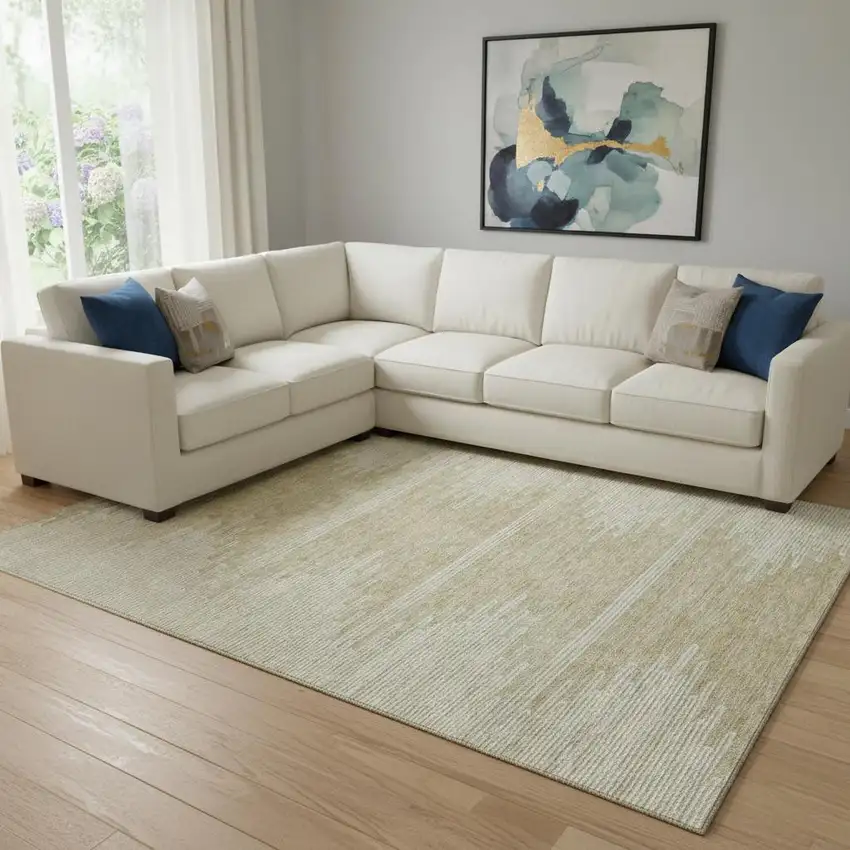 Beige And Ivory Abstract Washable Area Rug With UV Protection Photo 1