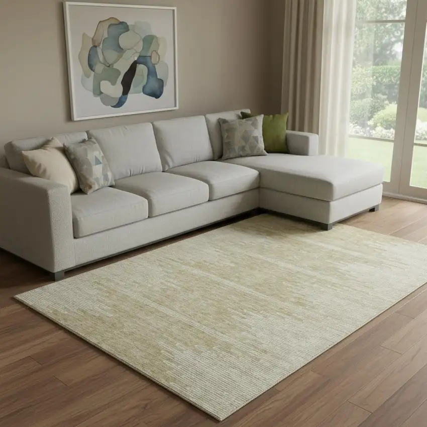 Beige And Ivory Abstract Washable Area Rug With UV Protection Photo 3