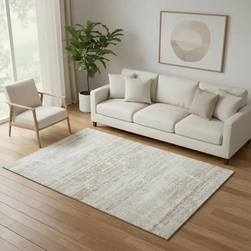 Beige And Ivory Abstract Washable Area Rug With UV Protection Photo 1