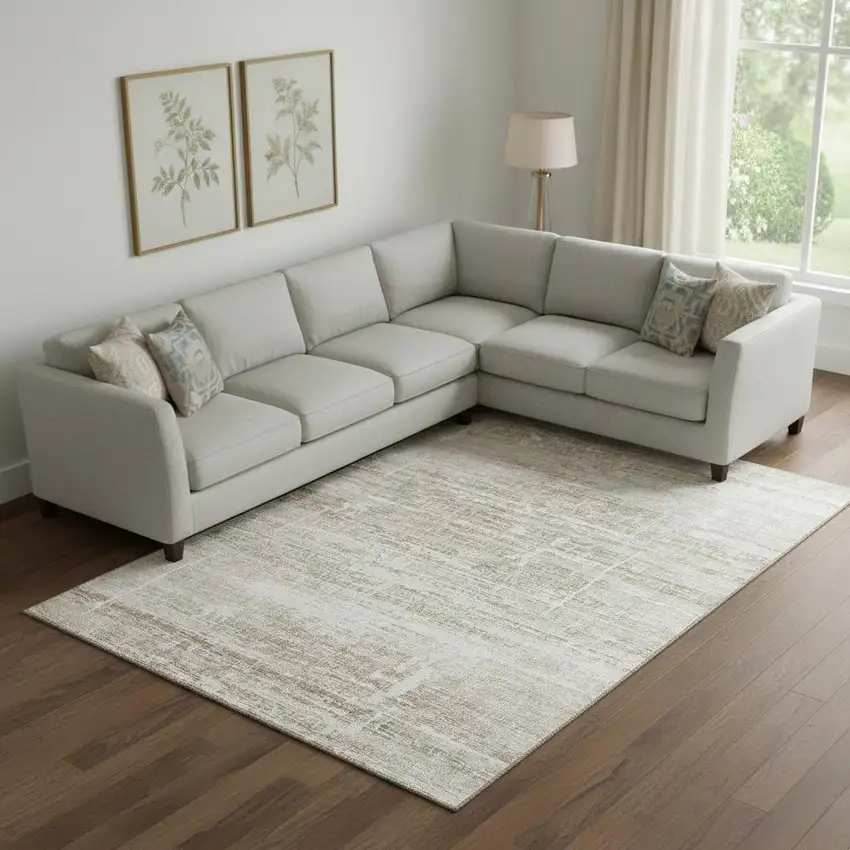 Beige And Ivory Abstract Washable Area Rug With UV Protection Photo 1