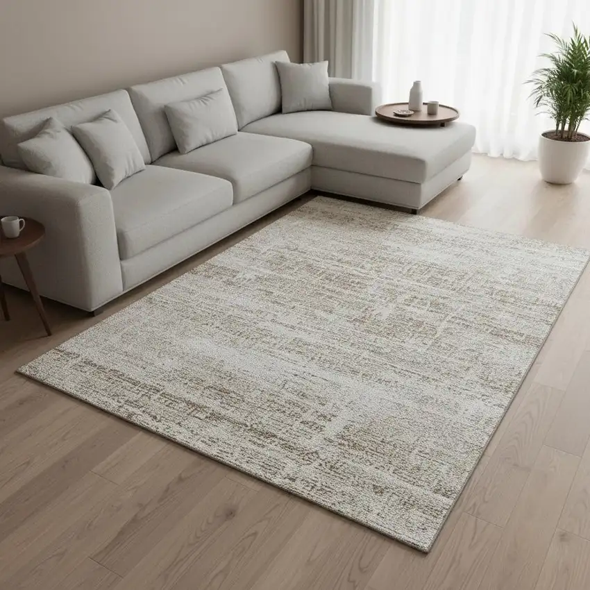 Beige And Ivory Abstract Washable Area Rug With UV Protection Photo 2