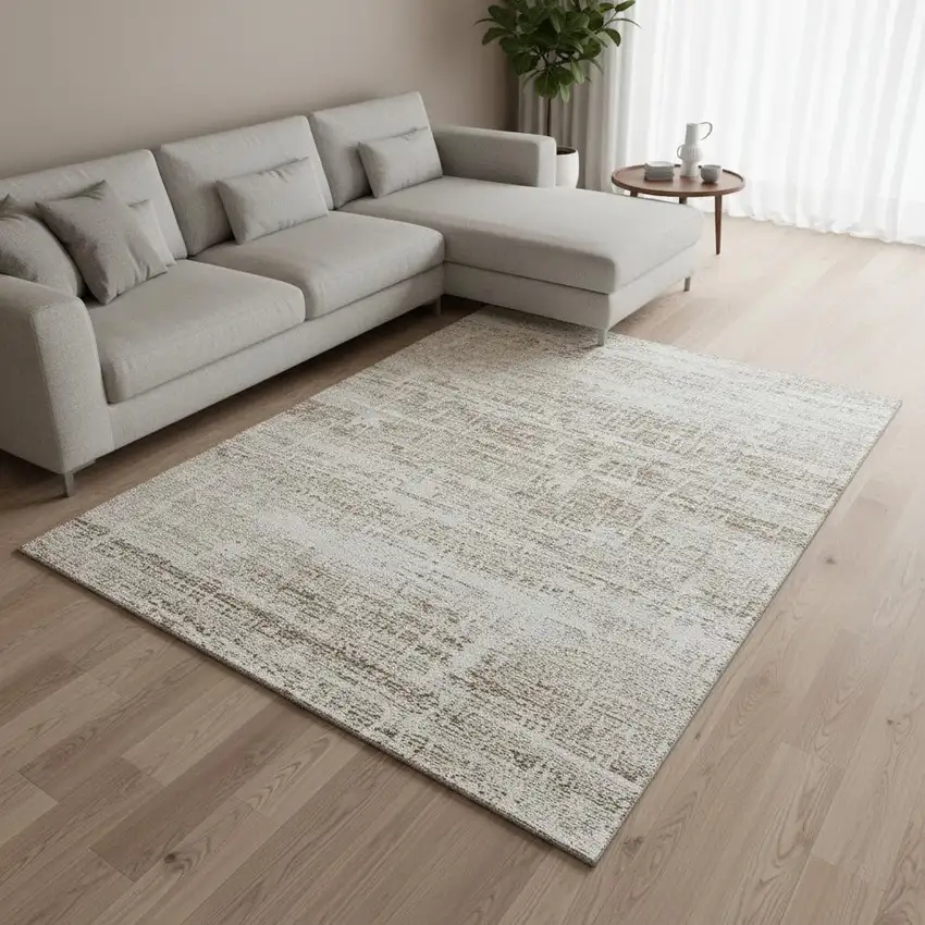 Beige And Ivory Abstract Washable Area Rug With UV Protection Photo 2