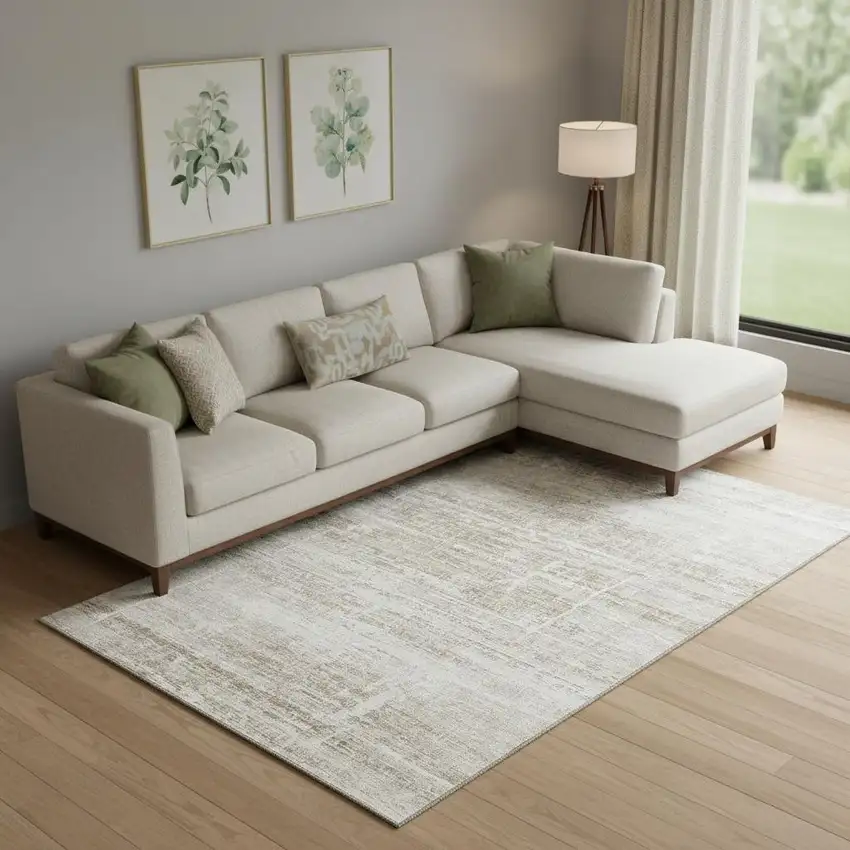 Beige And Ivory Abstract Washable Area Rug With UV Protection Photo 1