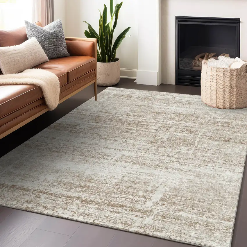 Beige And Ivory Abstract Washable Area Rug With UV Protection Photo 6