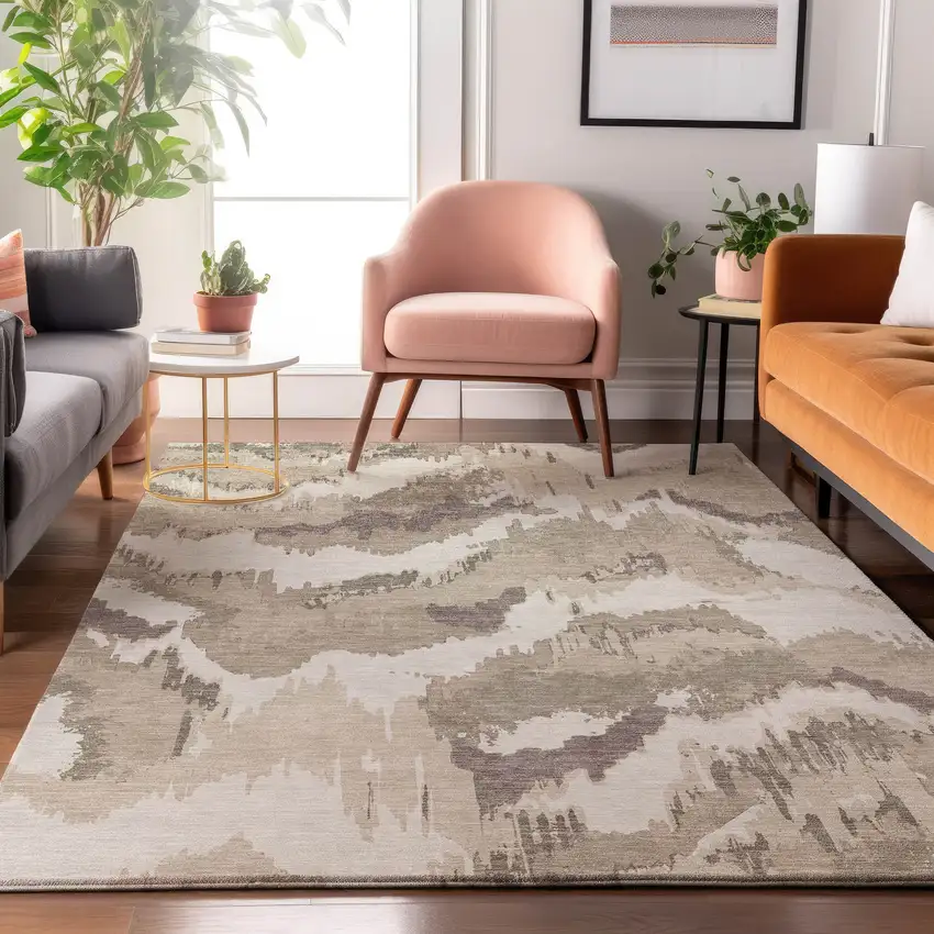 Beige And Ivory Abstract Washable Area Rug With UV Protection Photo 6