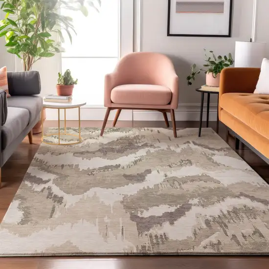 Beige And Ivory Abstract Washable Area Rug With UV Protection Photo 6