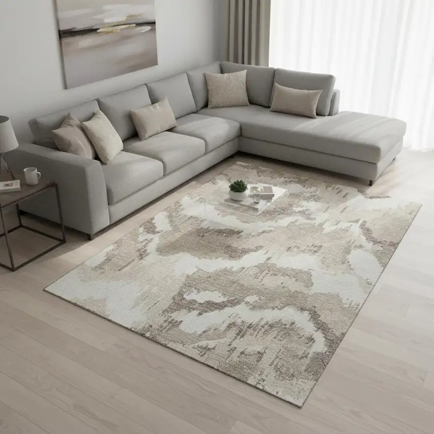 Beige And Ivory Abstract Washable Area Rug With UV Protection Photo 1