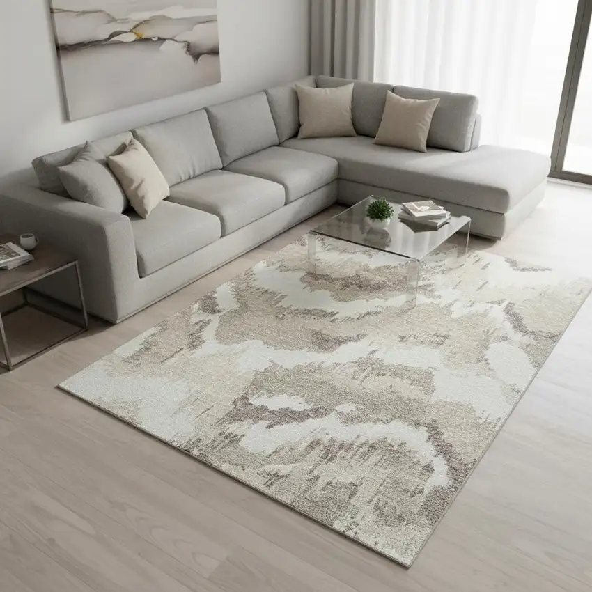 Beige And Ivory Abstract Washable Area Rug With UV Protection Photo 1