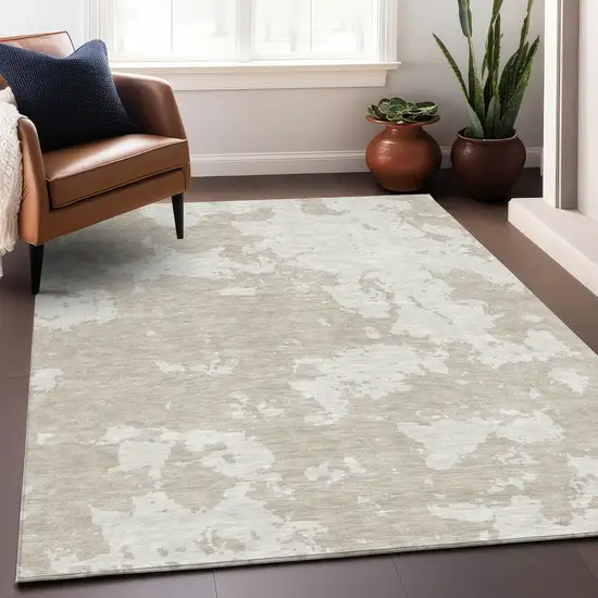 Beige And Ivory Abstract Washable Area Rug With UV Protection Photo 5