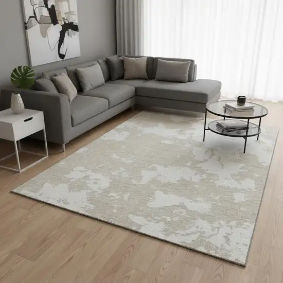 Beige And Ivory Abstract Washable Area Rug With UV Protection Photo 2