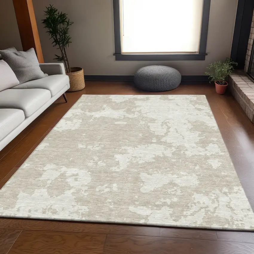 Beige And Ivory Abstract Washable Area Rug With UV Protection Photo 5