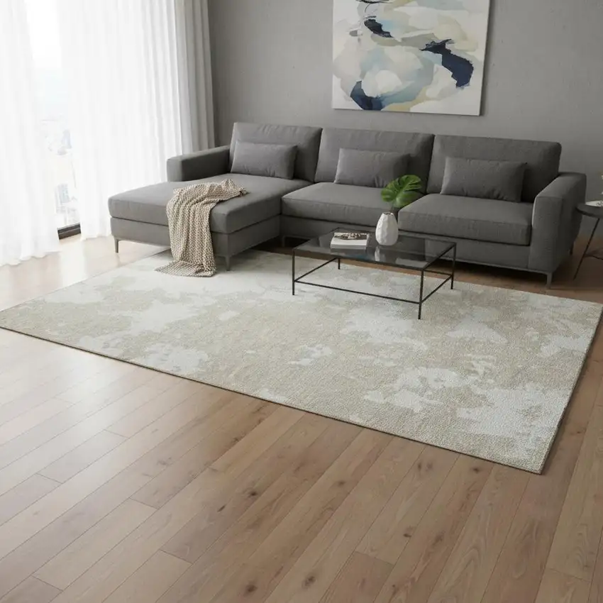 Beige And Ivory Abstract Washable Area Rug With UV Protection Photo 2