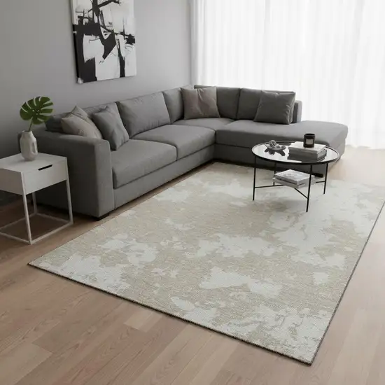 Beige And Ivory Abstract Washable Area Rug With UV Protection Photo 2