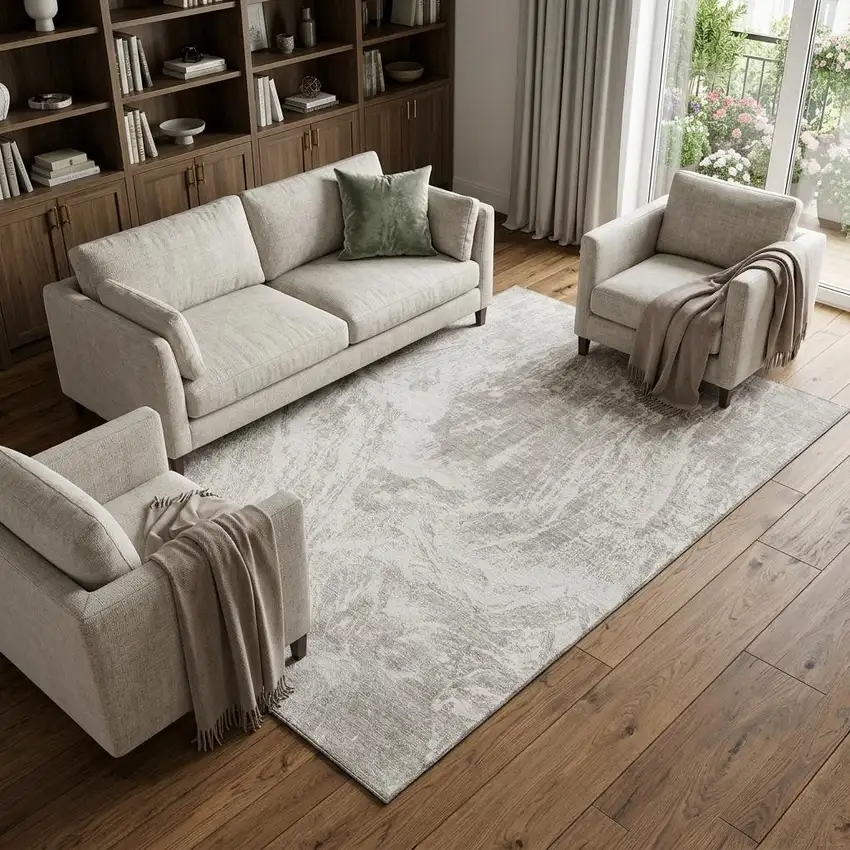 Beige And Ivory Abstract Washable Area Rug With UV Protection Photo 1