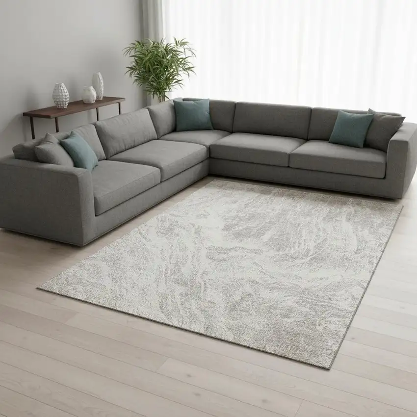 Beige And Ivory Abstract Washable Area Rug With UV Protection Photo 2